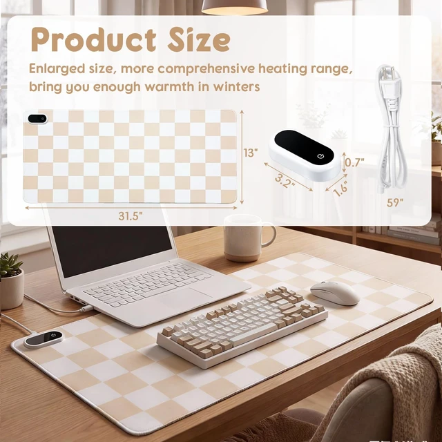 Alt view image 2 of 7 - Heated Desk Mat PU Warm Mouse Pad,Beige Checkerboard,31.5" X 13" | Leather Warmer Gaming Mice Mat, Only Supports 110v, 4 Hour Auto Shut-off, 5 Heating Level, Heating Office Keyboard Pad