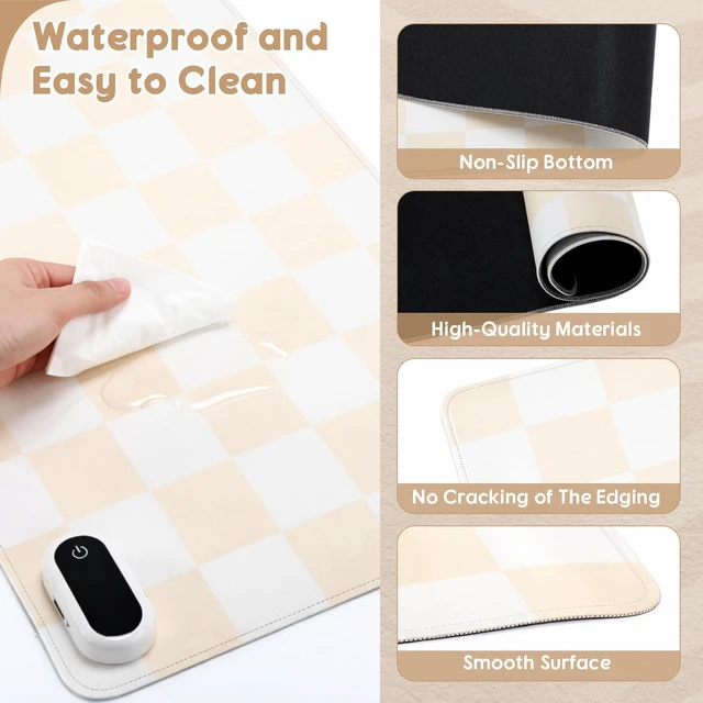 Alt view image 3 of 7 - Heated Desk Mat PU Warm Mouse Pad,Beige Checkerboard,31.5" X 13" | Leather Warmer Gaming Mice Mat, Only Supports 110v, 4 Hour Auto Shut-off, 5 Heating Level, Heating Office Keyboard Pad