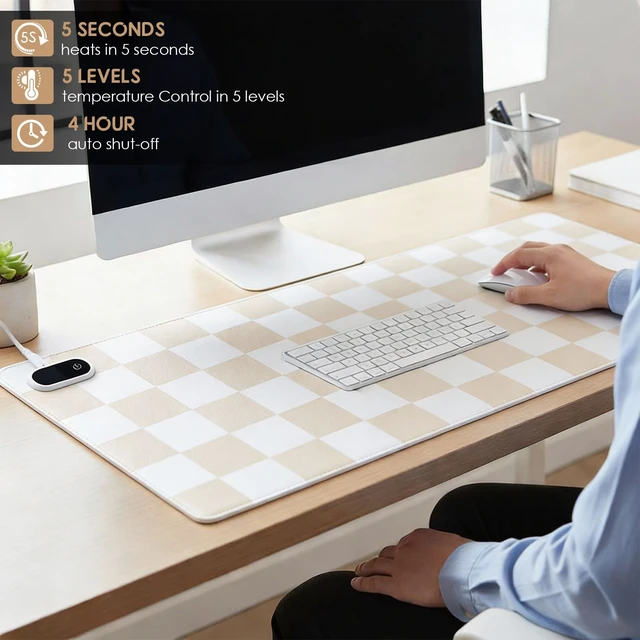 Alt view image 4 of 7 - Heated Desk Mat PU Warm Mouse Pad,Beige Checkerboard,31.5" X 13" | Leather Warmer Gaming Mice Mat, Only Supports 110v, 4 Hour Auto Shut-off, 5 Heating Level, Heating Office Keyboard Pad