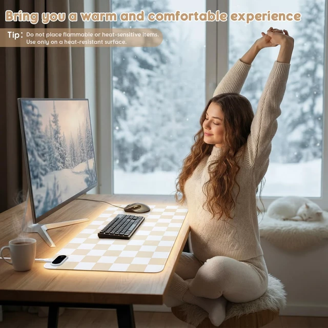 Alt view image 7 of 7 - Heated Desk Mat PU Warm Mouse Pad,Beige Checkerboard,31.5" X 13" | Leather Warmer Gaming Mice Mat, Only Supports 110v, 4 Hour Auto Shut-off, 5 Heating Level, Heating Office Keyboard Pad