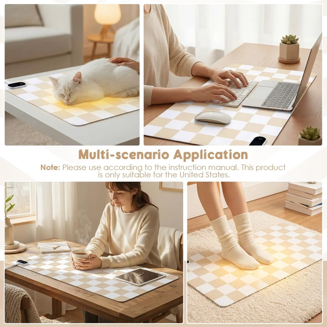 Alt view image 6 of 7 - Heated Desk Mat PU Warm Mouse Pad,Beige Checkerboard,31.5" X 13" | Leather Warmer Gaming Mice Mat, Only Supports 110v, 4 Hour Auto Shut-off, 5 Heating Level, Heating Office Keyboard Pad
