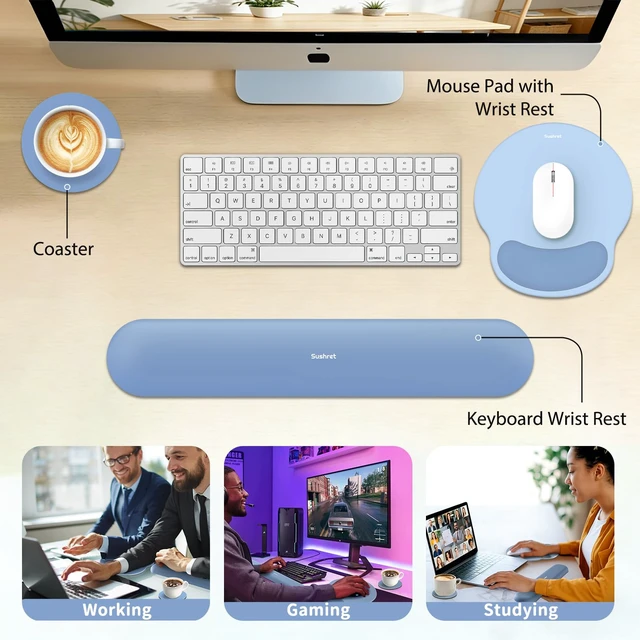 Alt view image 6 of 7 - Mouse Pad and Keyboard Wrist Rest, 3-in-1 Gel Memory Foam Ergonomic Mouse Pad with Wrist Rest Set,Gaming Mousepad Arm Cushion Support for Computer Office Desk Accessories Cute Setup,Sky Blue
