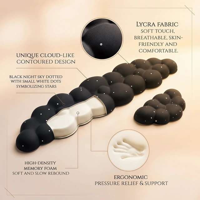 Alt view image 5 of 7 - Silky Cloud Wrist Rest Set for Keyboard & Mouse, 16.9", Black Star | Memory Foam Arm Rest with Ergonomic Support Fits Full Keyboards and Reduces Typing Fatigue for Office, Gaming and Home Use