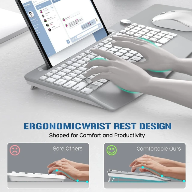 Alt view image 2 of 7 - Ergonomic Wireless Keyboard Mouse Combo, Silver | Full Size, Phone Holder, Wrist Rest, Volume Roller, Computer Mac PC Laptop