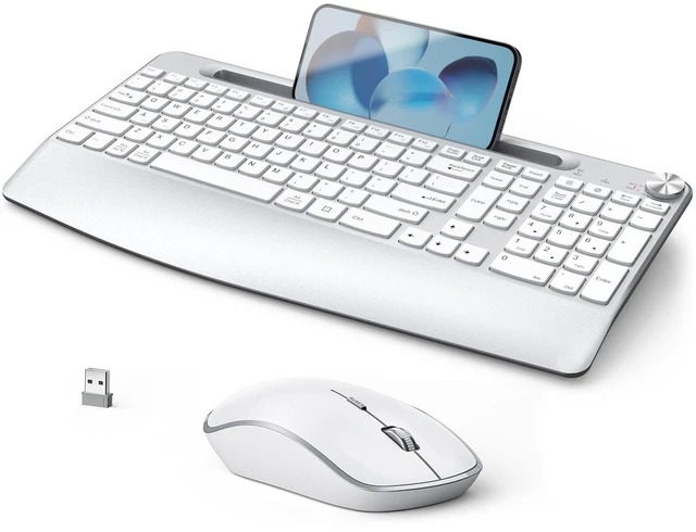 Main image of Ergonomic Wireless Keyboard Mouse Combo, Silver | Full Size, Phone Holder, Wrist Rest, Volume Roller, Computer Mac PC Laptop