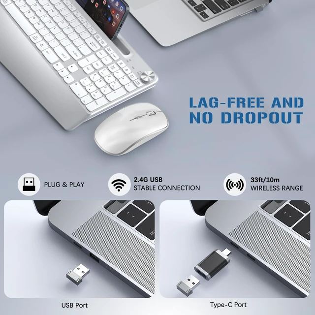 Alt view image 3 of 7 - Ergonomic Wireless Keyboard Mouse Combo, Silver | Full Size, Phone Holder, Wrist Rest, Volume Roller, Computer Mac PC Laptop