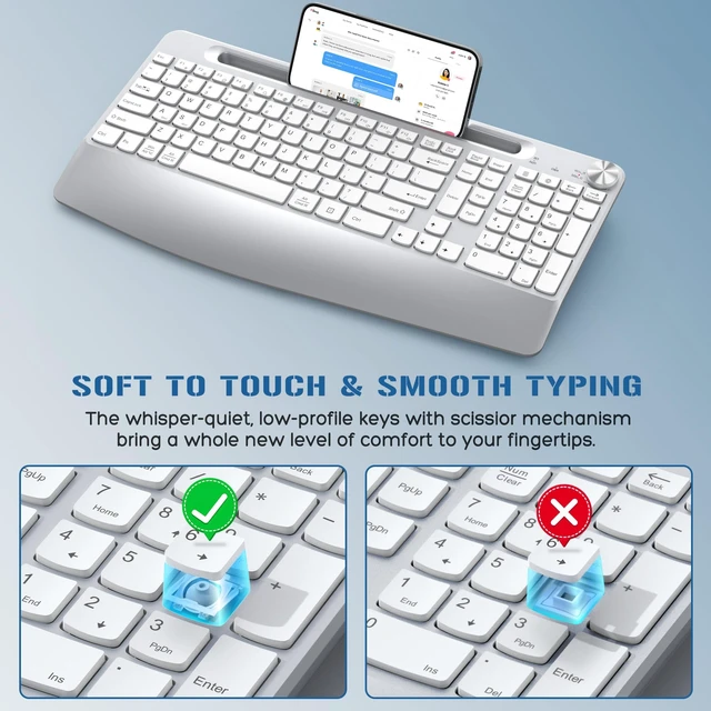 Alt view image 4 of 7 - Ergonomic Wireless Keyboard Mouse Combo, Silver | Full Size, Phone Holder, Wrist Rest, Volume Roller, Computer Mac PC Laptop
