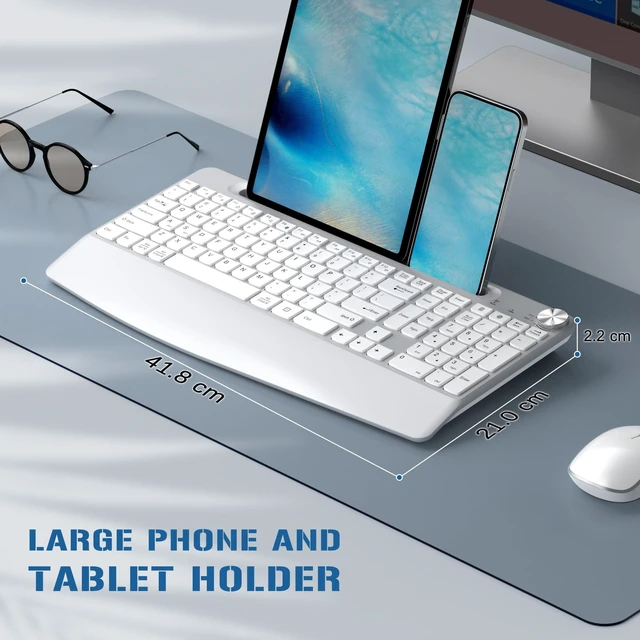 Alt view image 6 of 7 - Ergonomic Wireless Keyboard Mouse Combo, Silver | Full Size, Phone Holder, Wrist Rest, Volume Roller, Computer Mac PC Laptop