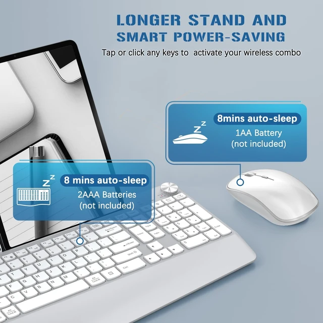Alt view image 5 of 7 - Ergonomic Wireless Keyboard Mouse Combo, Silver | Full Size, Phone Holder, Wrist Rest, Volume Roller, Computer Mac PC Laptop