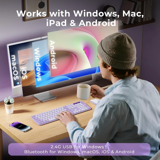 Alt view image 7 of 7 - COE202 Wireless Bluetooth Keyboard and Mouse Combo, Star Purple | USB & Dual Bluetooth for 3-Device Switching, Soft Quiet Round Keys, Silent Clicks, Full-Size for PC/Laptop/Mac/MacBook/iPad