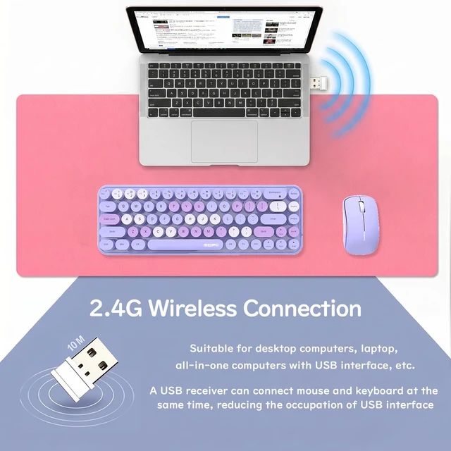 Alt view image 2 of 7 - Compact Wireless Keyboard and Mouse Combo, Colorful Round Keycap, Soundless 68 Keys, Suitable for Girls and Kids, Compatible with Notebook, PC (Purple)
