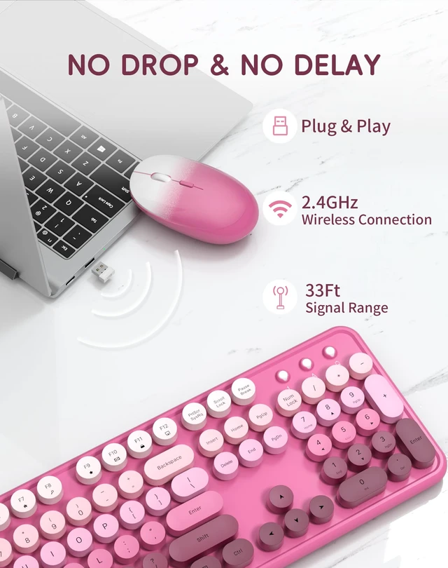Alt view image 6 of 7 - Colorful Wireless Keyboard and Mouse Combo (Rose Pink Colorful) | 104-Key Full-Size Retro Typewriter Keyboard with Round Keycaps, 2.4GHz Wireless, Compatible with Windows, Mac, PC