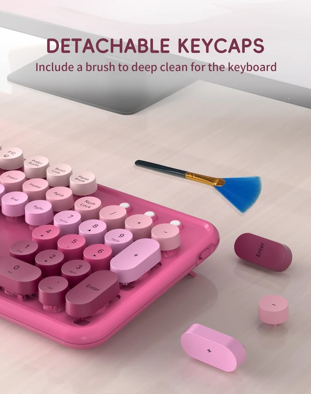 Alt view image 7 of 7 - Colorful Wireless Keyboard and Mouse Combo (Rose Pink Colorful) | 104-Key Full-Size Retro Typewriter Keyboard with Round Keycaps, 2.4GHz Wireless, Compatible with Windows, Mac, PC