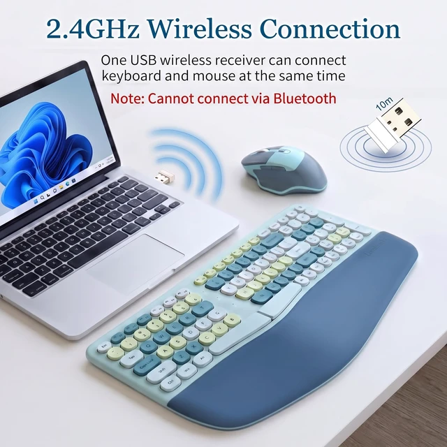 Alt view image 3 of 7 - Wireless Ergonomic Keyboard and Mouse Combo with PU Wrist Rest, Carpal Tunnel Keyboard, 2.4G Colorful Split Ergo Keyboard, Comfortable Natural Typing, Compatible with PC/Laptop (Blue)