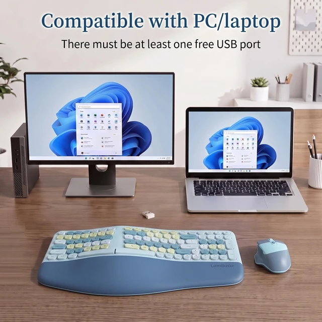 Alt view image 4 of 7 - Wireless Ergonomic Keyboard and Mouse Combo with PU Wrist Rest, Carpal Tunnel Keyboard, 2.4G Colorful Split Ergo Keyboard, Comfortable Natural Typing, Compatible with PC/Laptop (Blue)