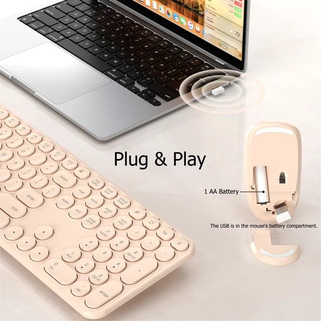 Alt view image 2 of 6 - Wireless Keyboard and Mouse Combo, 2.4GHz Wireless (Khaki) | COVEVA Low Profile Quiet Typing Design, Plug and Play, 110 Round Keys Full-Size Silent Keyboard Set for PC, Tablet, Laptop