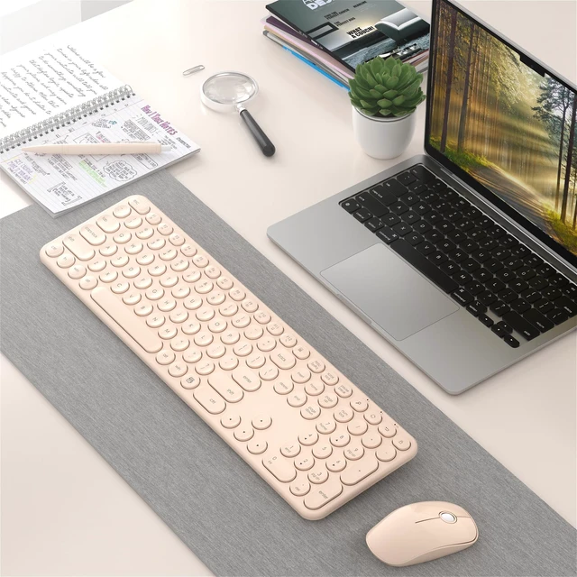 Alt view image 4 of 6 - Wireless Keyboard and Mouse Combo, 2.4GHz Wireless (Khaki) | COVEVA Low Profile Quiet Typing Design, Plug and Play, 110 Round Keys Full-Size Silent Keyboard Set for PC, Tablet, Laptop