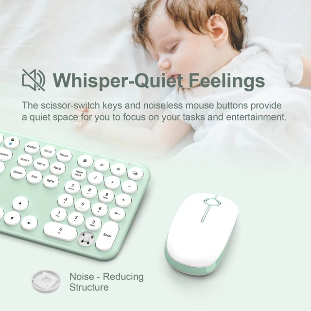 Alt view image 3 of 7 - Wireless Keyboard and Mouse Combo, 2.4GHz Full Size Ultra Slim Green Silent Keyboard, Retro Round Keycap Cute Aesthetic Quiet Cordless Keyboard Mouse Set for Windows Mac OS (Macaron Green)