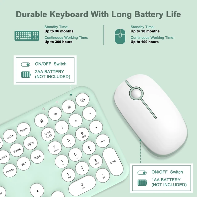 Alt view image 6 of 7 - Wireless Keyboard and Mouse Combo, 2.4GHz Full Size Ultra Slim Green Silent Keyboard, Retro Round Keycap Cute Aesthetic Quiet Cordless Keyboard Mouse Set for Windows Mac OS (Macaron Green)