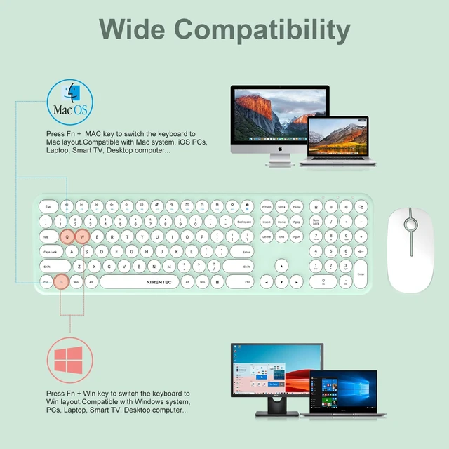 Alt view image 7 of 7 - Wireless Keyboard and Mouse Combo, 2.4GHz Full Size Ultra Slim Green Silent Keyboard, Retro Round Keycap Cute Aesthetic Quiet Cordless Keyboard Mouse Set for Windows Mac OS (Macaron Green)