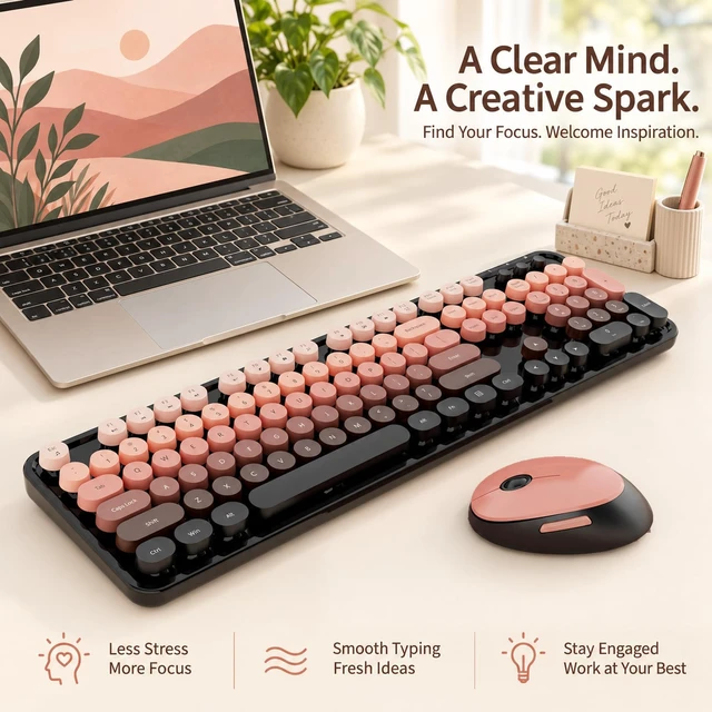 Alt view image 2 of 7 - Wireless Keyboard and Mouse Combo, Retro Typewriter Keyboard with Round Keycaps, Full-Size Ergonomic, Red, Ideal for Windows PC, Home, Office, and College, Wireless Keyboard Mouse Combo