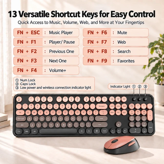 Alt view image 4 of 7 - Wireless Keyboard and Mouse Combo, Retro Typewriter Keyboard with Round Keycaps, Full-Size Ergonomic, Red, Ideal for Windows PC, Home, Office, and College, Wireless Keyboard Mouse Combo