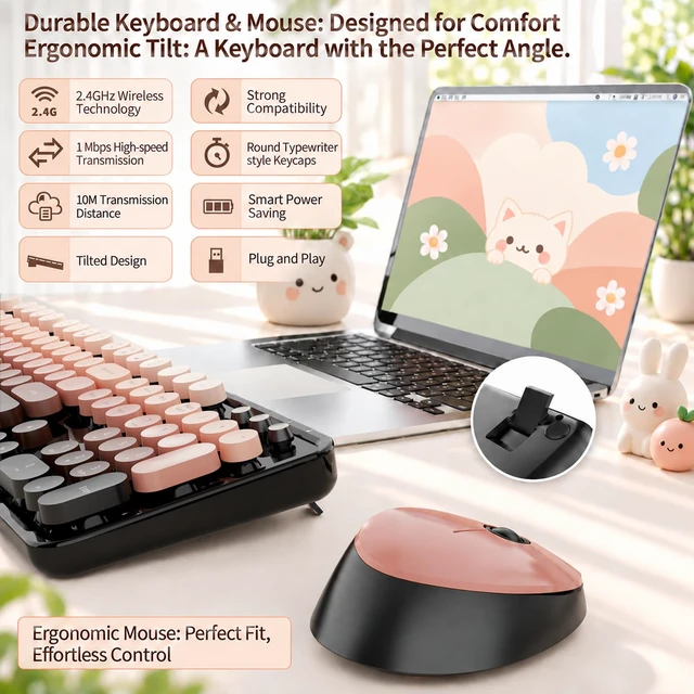 Alt view image 3 of 7 - Wireless Keyboard and Mouse Combo, Retro Typewriter Keyboard with Round Keycaps, Full-Size Ergonomic, Red, Ideal for Windows PC, Home, Office, and College, Wireless Keyboard Mouse Combo
