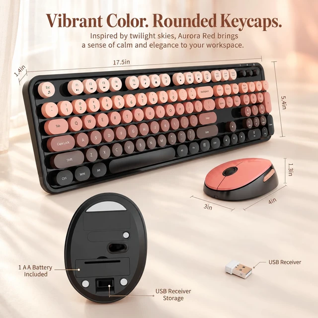 Alt view image 5 of 7 - Wireless Keyboard and Mouse Combo, Retro Typewriter Keyboard with Round Keycaps, Full-Size Ergonomic, Red, Ideal for Windows PC, Home, Office, and College, Wireless Keyboard Mouse Combo