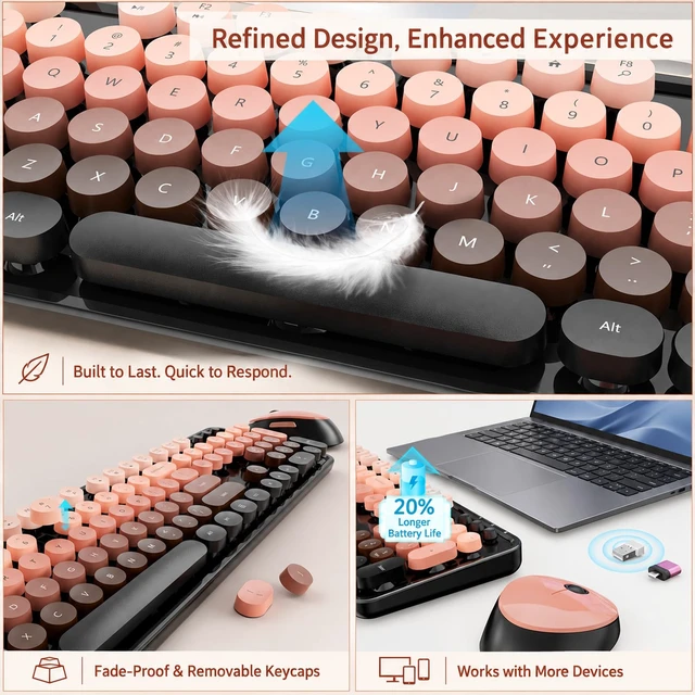 Alt view image 6 of 7 - Wireless Keyboard and Mouse Combo, Retro Typewriter Keyboard with Round Keycaps, Full-Size Ergonomic, Red, Ideal for Windows PC, Home, Office, and College, Wireless Keyboard Mouse Combo