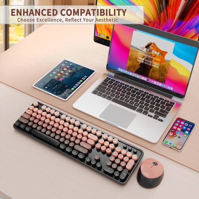 Alt view image 7 of 7 - Wireless Keyboard and Mouse Combo, Retro Typewriter Keyboard with Round Keycaps, Full-Size Ergonomic, Red, Ideal for Windows PC, Home, Office, and College, Wireless Keyboard Mouse Combo