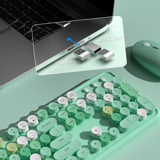 Alt view image 4 of 6 - Colorful Wireless Keyboard and Mouse Combo (Green Colorful) | COVEVA 2.4GHz Wireless, Retro Round Floating Keycaps, Full-Size Keyboard Mouse Set with Switch Button for PC Laptop Desktop