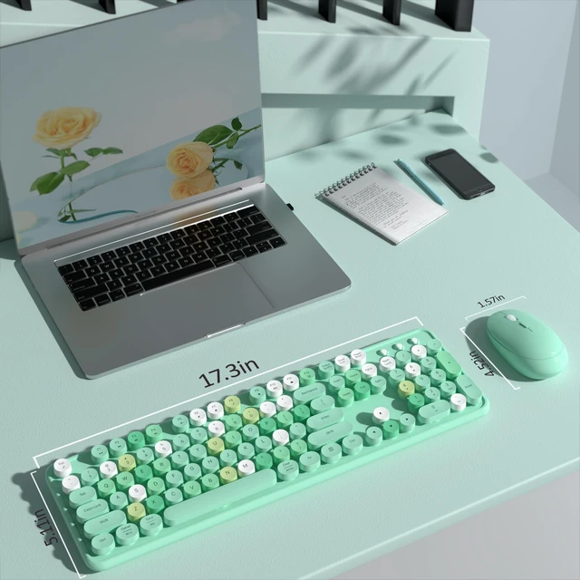 Alt view image 6 of 6 - Colorful Wireless Keyboard and Mouse Combo (Green Colorful) | COVEVA 2.4GHz Wireless, Retro Round Floating Keycaps, Full-Size Keyboard Mouse Set with Switch Button for PC Laptop Desktop