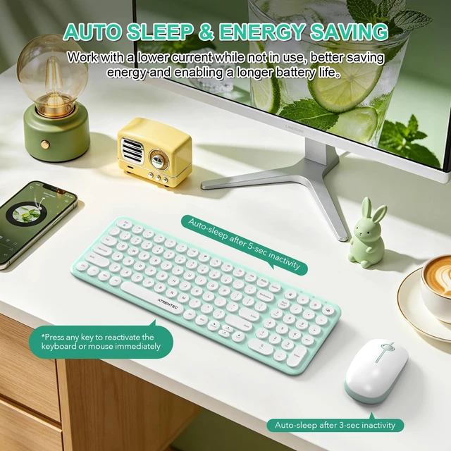 Alt view image 5 of 7 - Wireless Keyboard and Mouse Combo,2.4GHz Quiet Slim Cute Round Keycap Compact Size Green Kawaii Cordless Retro Keyboard Mouse Set Home Office Accessories for Mac/Windows(Macaron Green)