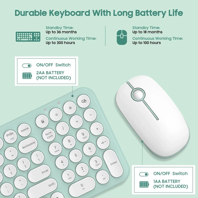 Alt view image 6 of 7 - Wireless Keyboard and Mouse Combo,2.4GHz Quiet Slim Cute Round Keycap Compact Size Green Kawaii Cordless Retro Keyboard Mouse Set Home Office Accessories for Mac/Windows(Macaron Green)