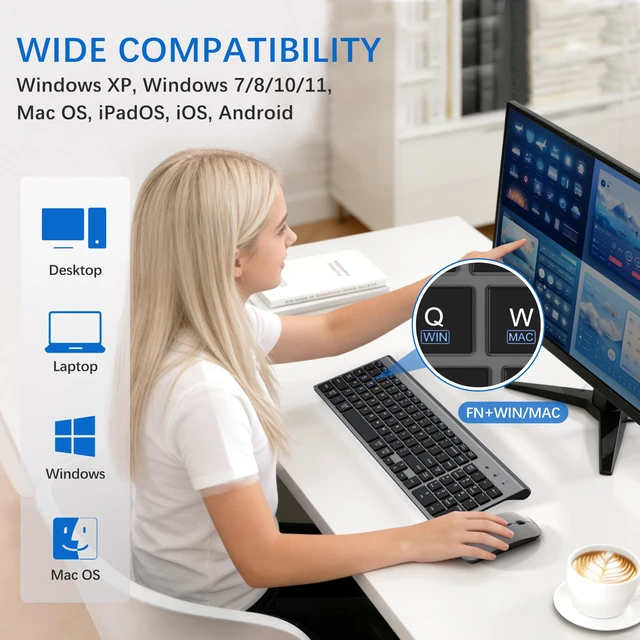 Alt view image 4 of 6 - Wireless Keyboard and Mouse Ultra Slim Combo with Dual System - Gray Black | 2.4G Silent Compact 2400DPI Mouse and Scissor Switch Keyboard Set with Cover and Batteries, for PC/Laptop/Windows/Mac