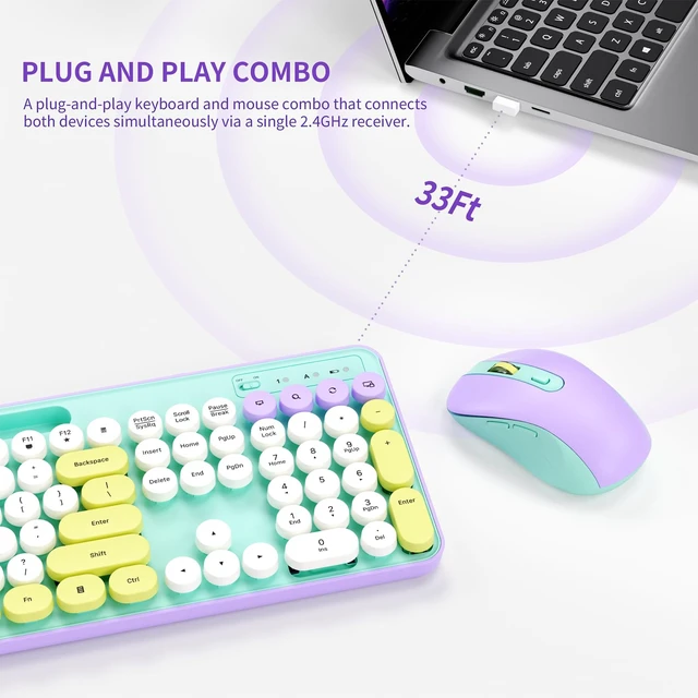Alt view image 2 of 7 - Retro Wireless Keyboard and Mouse Combo for PC/Laptop | 2.4G Wireless, 109 Keys Full size , 3 DPI Levels (800/1200/1600), Battery Powered, Cute Round Typewriter Keys, for Windows