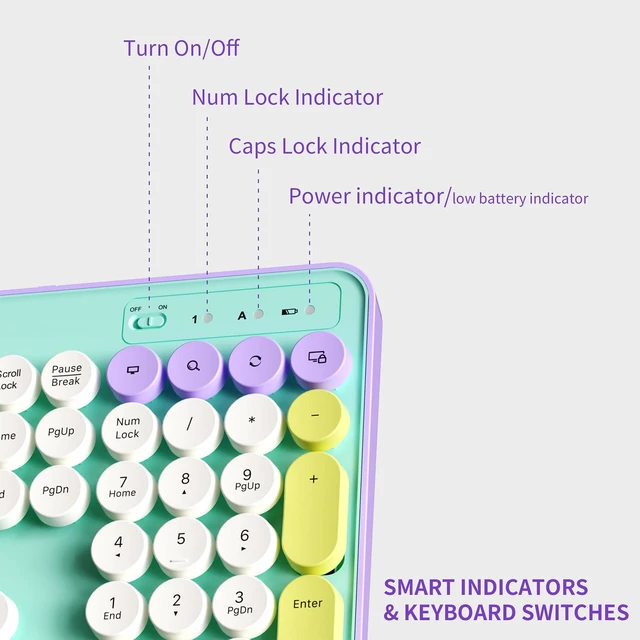 Alt view image 3 of 7 - Retro Wireless Keyboard and Mouse Combo for PC/Laptop | 2.4G Wireless, 109 Keys Full size , 3 DPI Levels (800/1200/1600), Battery Powered, Cute Round Typewriter Keys, for Windows