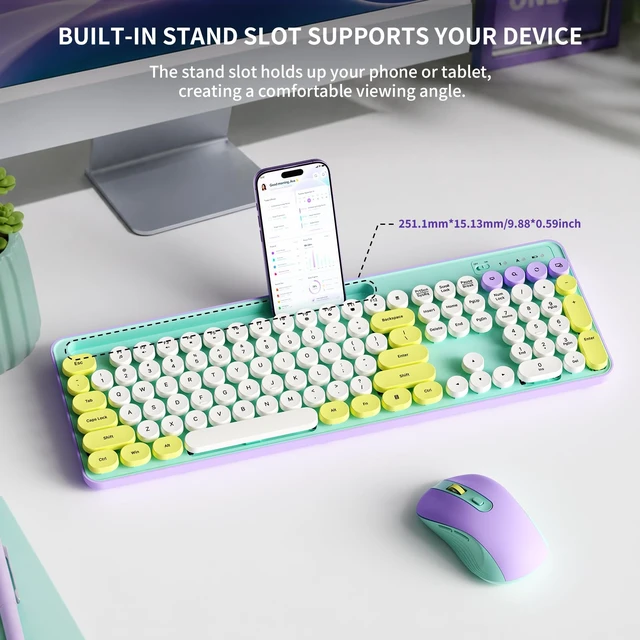 Alt view image 4 of 7 - Retro Wireless Keyboard and Mouse Combo for PC/Laptop | 2.4G Wireless, 109 Keys Full size , 3 DPI Levels (800/1200/1600), Battery Powered, Cute Round Typewriter Keys, for Windows