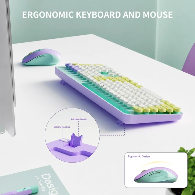 Alt view image 7 of 7 - Retro Wireless Keyboard and Mouse Combo for PC/Laptop | 2.4G Wireless, 109 Keys Full size , 3 DPI Levels (800/1200/1600), Battery Powered, Cute Round Typewriter Keys, for Windows