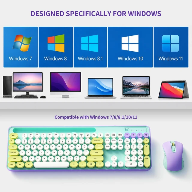 Alt view image 5 of 7 - Retro Wireless Keyboard and Mouse Combo for PC/Laptop | 2.4G Wireless, 109 Keys Full size , 3 DPI Levels (800/1200/1600), Battery Powered, Cute Round Typewriter Keys, for Windows