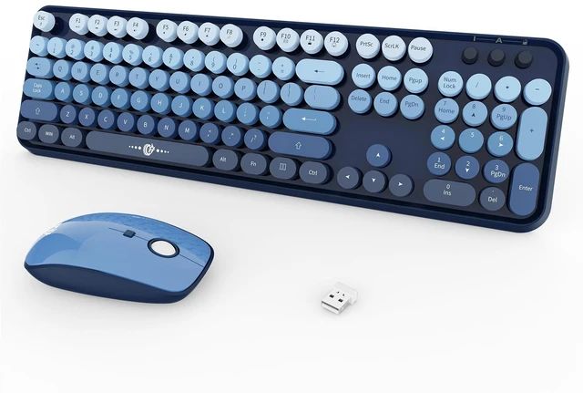 Main image of Blue Wireless Keyboard and Mouse Combo,Retro Typewriter Style Bubble Keys | Navy Round Keys,Clicky Sound,2.4GHz USB Receiver,Ergonomic Full-Size with Number Pad,for Long Nails PC Laptop Desktop