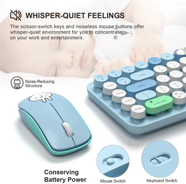 Alt view image 6 of 7 - Wireless Keyboard and Mouse Cute Mouse and Keyboard 2.4G Wireless Keyboards with Colorful 68 Keys Typewriter Retro Round Keycap for PC, Laptop,Tablet,Computer Windows - Blue Colorful