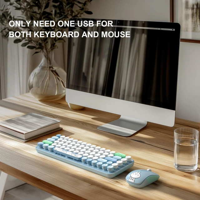 Alt view image 5 of 7 - Wireless Keyboard and Mouse Cute Mouse and Keyboard 2.4G Wireless Keyboards with Colorful 68 Keys Typewriter Retro Round Keycap for PC, Laptop,Tablet,Computer Windows - Blue Colorful