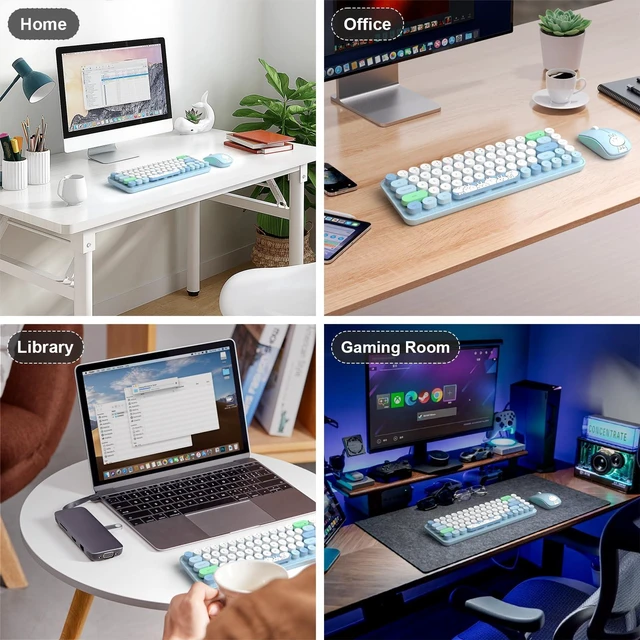 Alt view image 7 of 7 - Wireless Keyboard and Mouse Cute Mouse and Keyboard 2.4G Wireless Keyboards with Colorful 68 Keys Typewriter Retro Round Keycap for PC, Laptop,Tablet,Computer Windows - Blue Colorful