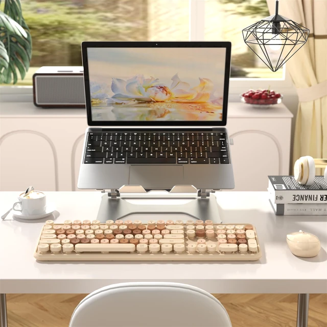 Alt view image 3 of 6 - Wireless Computer Keyboard and Mouse Combo (Milk-Tea Colorful) | Retro Round Typewriter Keycaps, Power Switch, Ergonomic Design, 2.4GHz Wireless for Windows, Mac, PC