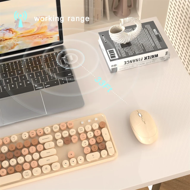Alt view image 4 of 6 - Wireless Computer Keyboard and Mouse Combo (Milk-Tea Colorful) | Retro Round Typewriter Keycaps, Power Switch, Ergonomic Design, 2.4GHz Wireless for Windows, Mac, PC