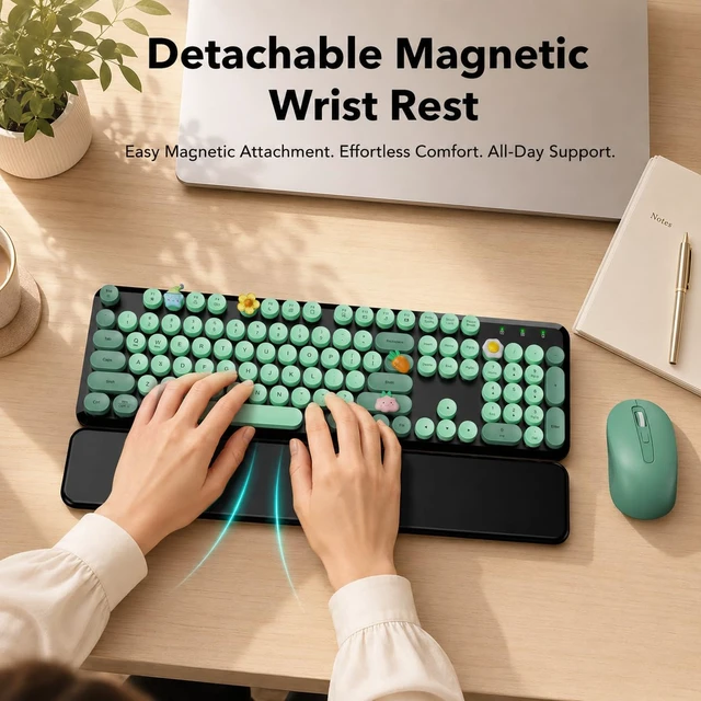 Alt view image 3 of 7 - Wireless Keyboard and Mouse, Round Keycap, Magnetic Wrist Rest, Green Black | Full-Size Retro Typewriter Style, One USB Receiver, Type-C Adapter, Tilt Legs, Removable Keys, Auto Sleep, Windows