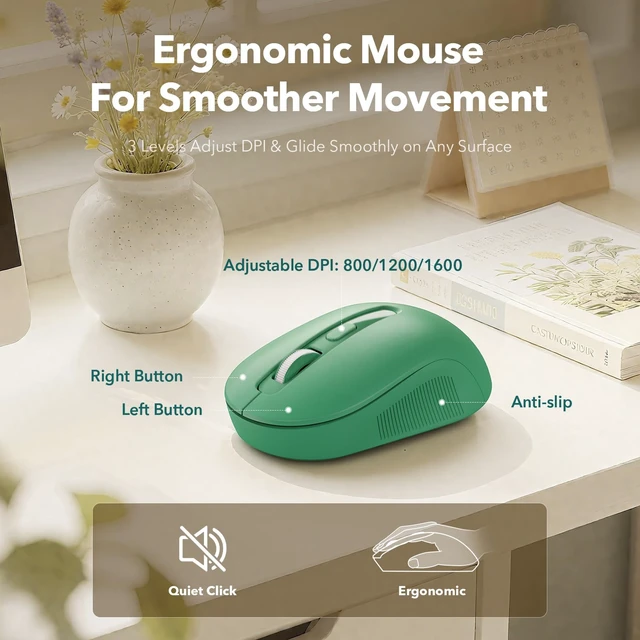Alt view image 6 of 7 - Wireless Keyboard and Mouse, Round Keycap, Magnetic Wrist Rest, Green Black | Full-Size Retro Typewriter Style, One USB Receiver, Type-C Adapter, Tilt Legs, Removable Keys, Auto Sleep, Windows