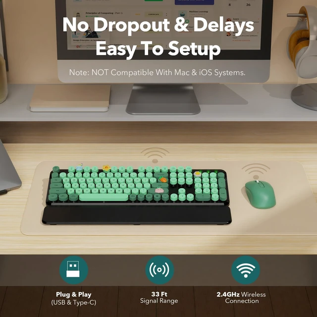 Alt view image 7 of 7 - Wireless Keyboard and Mouse, Round Keycap, Magnetic Wrist Rest, Green Black | Full-Size Retro Typewriter Style, One USB Receiver, Type-C Adapter, Tilt Legs, Removable Keys, Auto Sleep, Windows