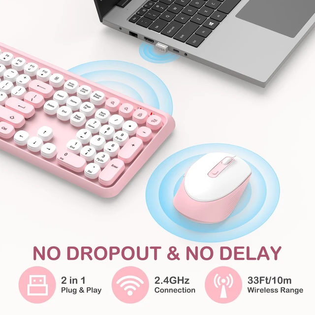 Alt view image 2 of 7 - Retro Typewriter Wireless Keyboard and Mouse Combo, Cute Round Keys(Pink) | Full Size Round Keys Keyboard,Auto Sleep,Quiet Optical Mouse,Silent Clicks,2.4GHz Cordless Connection for Mac/Win/PC/Laptop